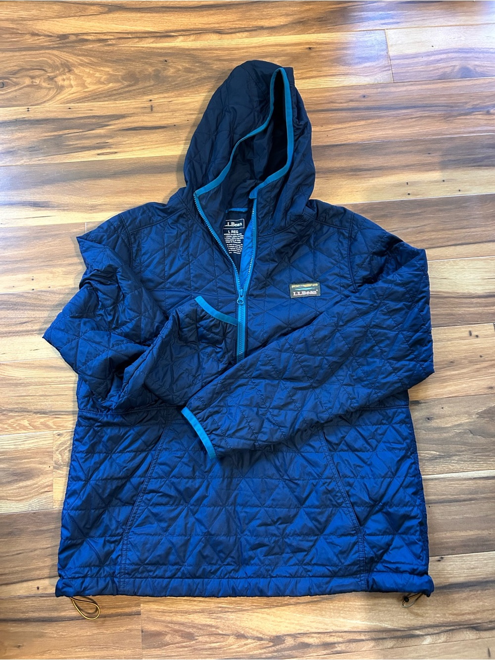 L.L. Bean Navy Quilted Hooded Pullover with Teal Trim